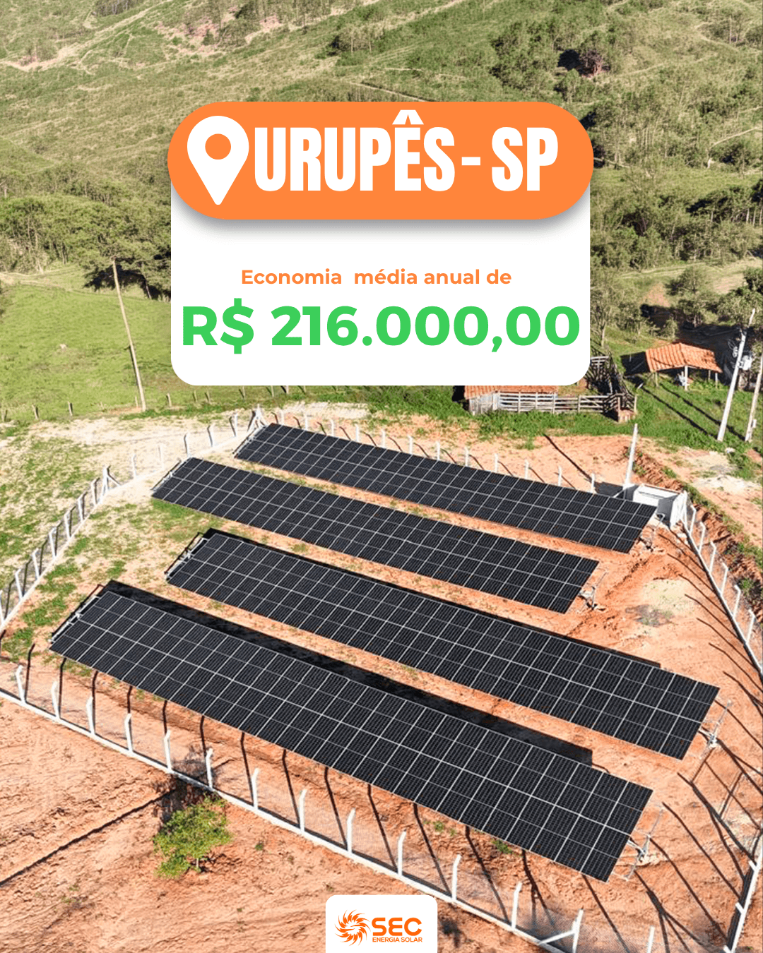Painéis solares instalados no solo em Urupês